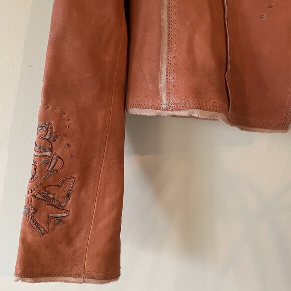 Vintage Elie Tahari Ornate Brown Leather Biker Jacket with linen lining - medium - Picture 5 of 8